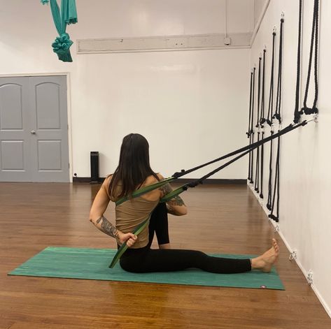 Aerial Yoga Studio Interior, Yoga Rope Wall, Iyengar Yoga Poses, Dharma Yoga Wheel, Sitting Yoga, Yoga Class Ideas, Yoga With Props, Yoga Rope, Dharma Yoga