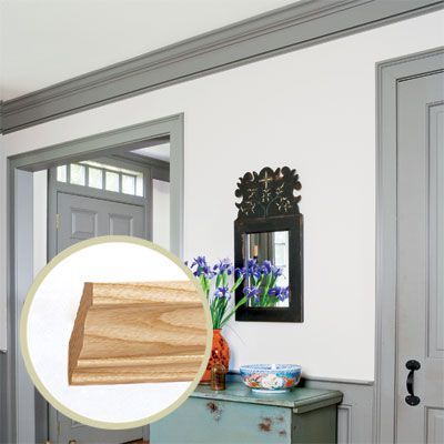 All About Crown Molding - This Old House Contrasting Crown Molding, Color Crown Molding, Kitchen Grey Walls, Crown Doors, Simple Crown, Light Walls, Mens Room Decor, Kitchen Grey, Dark Trim