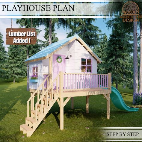 Kids Garden Playhouse, Playhouse Build, Outside Playhouse, Playhouse Plan, Kids Playhouse Outdoors, Pallet Playhouse, Garden Playhouse, Playhouse Plans, Raised Deck