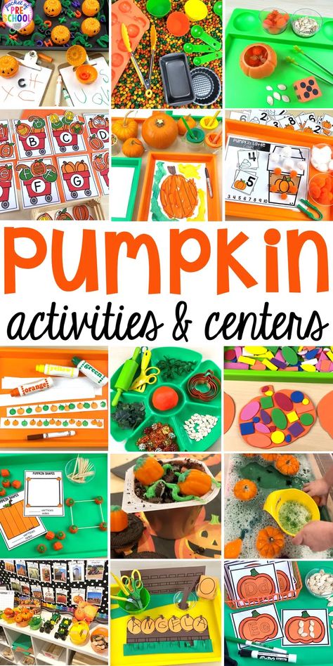 22 Pumpkin Activities for Preschool, Pre-K, & Kindergarten - Pocket of Preschool Preschool Fall Harvest Activities, Pumpkin Math Activities For Toddlers, Fall Block Center Preschool, Pumpkin Math Preschool, Halloween Pre K Activities, Preschool Halloween Math Activities, Preschool Fall Math Activities, Pumpkin Science Preschool, Fall Fine Motor Activities Preschool