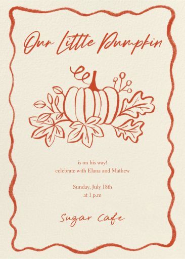 Paperless Post - Thankful Pumpkin - Baby Shower Invitation by Paperless Post Pumpkin Patch Gender Reveal Party, Gender Keeper, Bow Pumpkin, Side Hussle, Online Baby Shower Invites, Whimsical Baby Shower, Thankful Pumpkin, Lake Party, Pumpkin Invitation