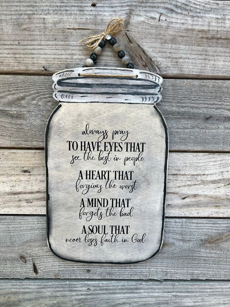 Excited to share this item from my shop: Farmhouse style Mason Jar wooden wall hanging . 18”t including hanger. Faith quote #etsy#farmhousedecor#etsyseller#Kathyleeskreations Mason Jar Painting Ideas, Weathered Wood Stain, Mason Jar Sign, Match Jar, Faith Quote, Large Farmhouse, Hand Painted Wooden Signs, Wooden Wall Hanging, Painted Jars