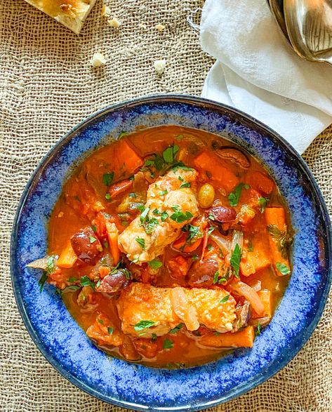 A Sicilian-influenced Monkfish Brodetto - Our Italian Table Baked Monkfish Recipes, Monkfish Recipes, Monk Fish, Steak Dinner Sides, Fish Stew Recipes, Seafood Dinners, Italian Recipes Easy, Italian Recipe, Fish Recipes Healthy