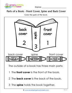 Parts of a Book - Front Cover, Spine and Back Cover Parts Of A Book Worksheet, Skill Ideas, Book Worksheet, Kindergarten Vocabulary, School Library Lessons, Kindergarten Library, Reading Kindergarten, Concepts Of Print, Worksheet For Kindergarten