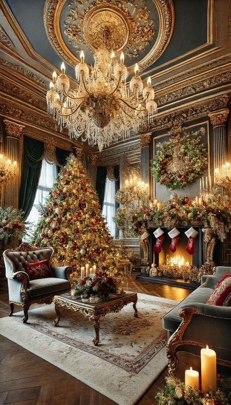 Christmas Decor Mansion, Luxury Hotel Christmas Decor, Extravagant Christmas Party, Extravagant Christmas Tree, Old Money Christmas Decor, Old Money Christmas Tree, Rich Christmas Aesthetic, Mansion Christmas Decor, Gold And Red Decorations