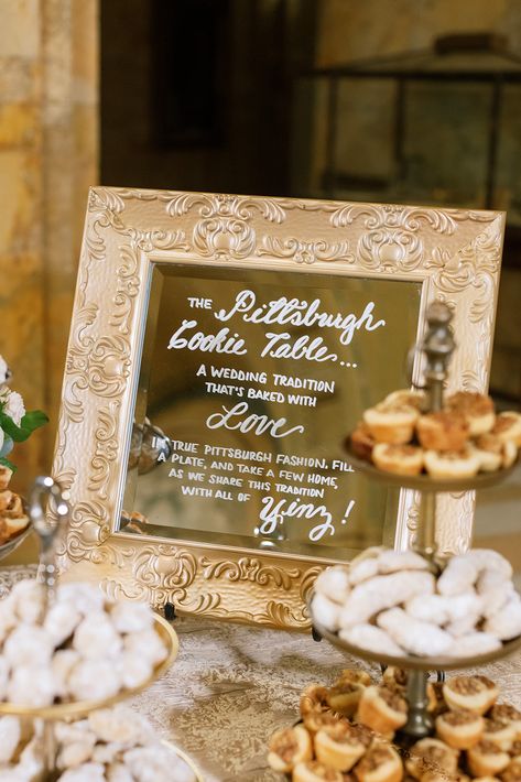 Pittsburgh wedding cookie table sign captured by Lauren Renee Photography for romantic Pittsburgh wedding. #weddingphotography #weddingphotographer #weddingportrait #weddingphotoinspiration #fineartweddingphotography #fineartwedding #pittsburghwedding #weddingdessertideas #weddingcookietable #weddingsign #goldweddingsign Cookie Table Pittsburgh, Wedding Cookie Table Sign, Pittsburgh Cookie Table Wedding Signs, Cookie Table At Wedding, Cookie Tables At Weddings, Cookie Table Signs Wedding, Wedding Cookies Table, Pittsburgh Cookie Table Sign, Pittsburgh Cookie Table Wedding Display