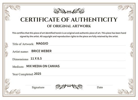 Painting Certificate Of Authenticity, Art Certificate Of Authenticity, Certificate Of Authenticity Art Template, Certificate Of Authenticity Art, Award Templates Free, Painting Clothing, Work Templates, Art Certificate, A Formal Letter