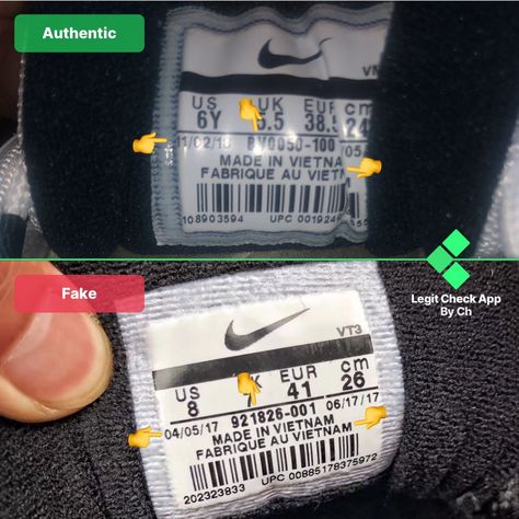 Now that you’ve had a look at the reference real vs fake Air Max 97 image above, let’s move on to the flaws visible on the replica 97s.  First of all, looking at the product ID number, which can be found in the middle side of the size tag, we have pointed out how the fake shoes have their product ID number looking too thick and small.  On the other hand, the authentic sneakers have their text at a lower font-weight, as the ID code on the legit shoes is thinner. Fake Jordans Funny, Air Jordan Fake, Your Jordans Are Fake Asf, How To Know If Your Nike Shoes Are Real, Yeezy Fake Vs Real, Air Max 97s, Fake Products, Fake Vs Real, Nike Images