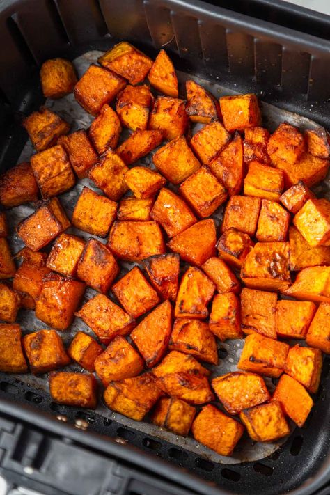 Air Fryer Butternut Squash is so easy to make and comes out tender, caramelized, and crispy on the edges. It comes together quickly with only a few ingredients and makes a tasty side dish, perfect for the holiday table. Butternut Squash In Air Fryer, Air Fryer Butternut Squash Recipes, Roasted Butternut Squash Air Fryer, Air Fried Butternut Squash, Honey Nut Squash Air Fryer, Air Fryer Butternut Squash Cubes, Butternut Squash Side Dish, Butternut Squash Fries, Squash Fries