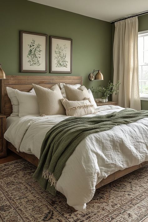 25 Olive Green Apartment Decor Trends You need to try Olive Green White Bedroom, Room Decor Green Aesthetic, Olive Green Master Bedrooms Decor, Avocado Green Bedroom, Olive Green Apartment, Bedroom Ideas Olive Green, Olive Green Accent Wall Bedroom, Green Wall Decor Ideas, Green Apartment Aesthetic