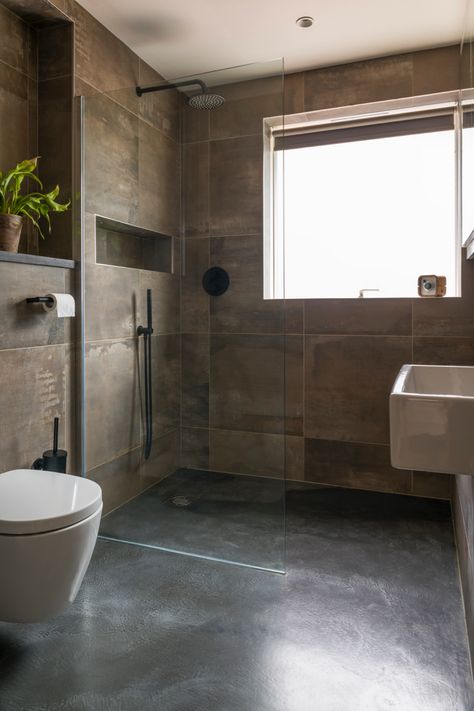 Large Dark Tiles Bathroom, Bathroom Ideas Concrete Floor, Concrete Look Shower Tile, Concrete Floor Shower Ideas, Master Bath Concrete Floors, Shower With Concrete Floor, Concrete Walk In Shower No Door, Polished Concrete Shower Floor, Concrete Bathroom Floors