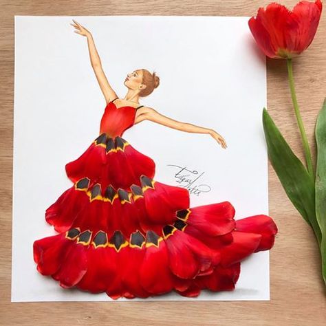 Dress made out of tulip petals by Edgar Artis Flower Dress Art, Dress Card, Dress Painting, 3d Drawings, Creative Artwork, Fashion Illustrator, Floral Fashion, Art Dress, Glass Ideas