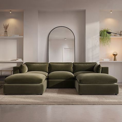 All about me Perfect for a modern living room the Hudson Khaki Green U-Shaped Sofa provides stylish seating for up to 4 people. The green velvet finish adds a pop of colour to your space whilst the plush foam-filled cushions provide ultimate comfort perfect for movie night! For added convenience the cushions are completely removable which makes cleaning super easy. Built with a sturdy wooden frame this sofa is made to lastNeed to know . Dimensions.   W256 x D192 x H72 cm Packaging dimensions.  & Green Velvet Furniture, Velvet Interior Design, Large L Shaped Sofa, Living Room Corner Sofa, Dark Velvet Sofa, Aesthetic Couches For Living Room, Velvet Sofas Ideas Living Room, Hunter Green Couch Living Room Ideas, Sofa L Shape Living Room