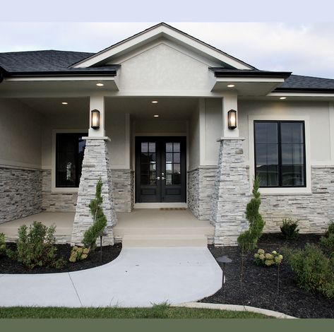 House Exterior Rock Stones, Outside Painting Ideas Houses, Stucco And Rock Exterior Home, Adding Stone To Exterior Houses, Stucco Exterior Makeover, White Siding House, Grey Home Exterior, Small House Exterior Design, White Stucco House