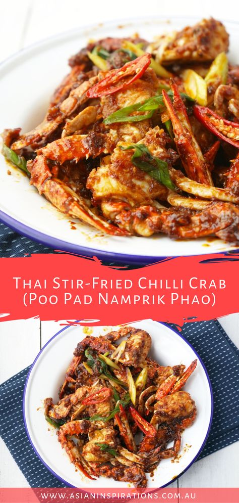 An easy recipe for Thai chilli crab coated in a sweet and spicy sauce. Get this Thai Stir-Fried Chilli Crab (Poo Pad Namprik Phao) recipe. Recipe by Asian Inspirations. #chillicrab #chillicrabrecipe #thaichillicrab #thailandfood #thaifood #thaifoodrecipe Stir Fry Crab Recipe, Vietnamese Crab Recipes, Thai Crab Recipes, Chinese Crab Recipes, Crab Stir Fry Recipe, Crab Recipes Asian, Asian Crab Recipes, Spicy Crab Recipes, Chili Crab Recipe