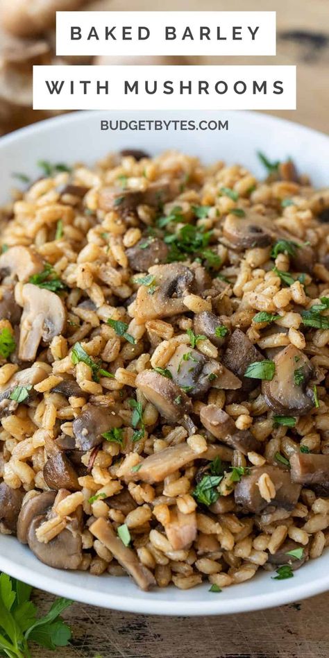 Baked Barley with Mushrooms is a hearty side dish perfect for chilly fall and winter nights and pairs perfectly with roasted meat or stew. BudgetBytes.com Barley Pilaf Recipe, Barley Recipe Healthy, Barley Mushroom, Veg Salads, Mushroom Barley, Meatless Dishes, Barley Recipe, Beef Barley, Rice Side