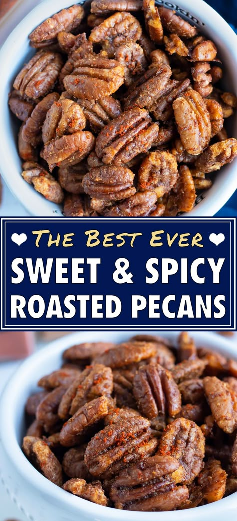 Savory Spiced Pecans are a sweet and salty treat that also have a bit of a spicy pepper kick!  Raw pecans are tossed with chili powder, paprika, and cayenne pepper before being roasted in the oven to nutty perfection.  Serve these simple roasted pecans for a quick snack during the holidays or package them up into a cute DIY food gift. #pecans #snack #christmas #foodgift #lowcarb Savory Roasted Pecans Recipe, Spicy Pecans Recipe, Roasted Pecans Recipe, Spiced Nuts Recipe, Snack Christmas, Spicy Nuts, Farm Recipes, Spiced Pecans, Roasted Pecans