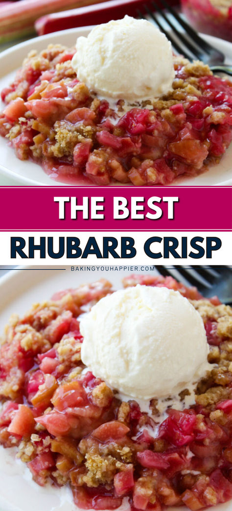 Rhubarb Crisp, a sweet-tart rhubarb filling on top of a crispy oat crust and topped with a delicious cinnamon crumb topping! Healthy Rhubarb Recipes, Easy Rhubarb Recipes, Rhubarb Desserts Recipes, Best Rhubarb Recipes, Oat Crust, Rhubarb Recipes Crisp, Rhubarb Recipes Pie, Crisp Topping, Strawberry Crisp