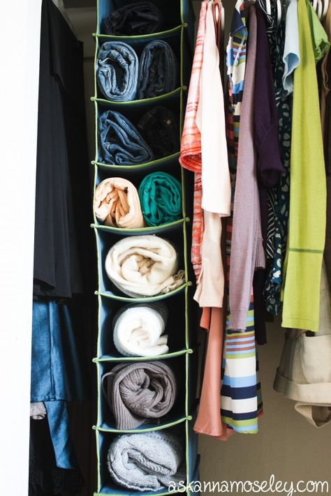 Creative closet solutions -- sweater storage Creative Closet Organization, Closet Organization Solutions, Cheap Closet, Closet Solutions, Hanging Shoe Rack, Closet Door Makeover, Organized Closet, Creative Closets, Closet Organization Ideas