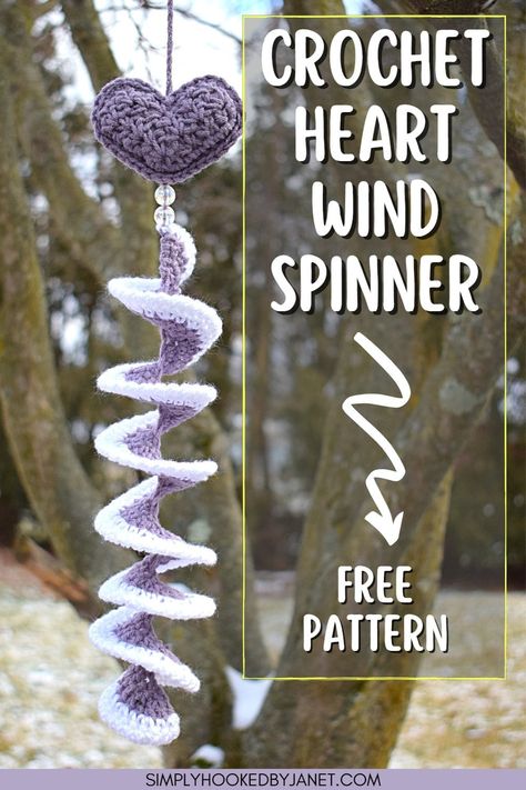 This is a free written pattern for a simple crochet wind spinner. This crochet wind spinner pattern includes a cute puffy heart at the top that is then attached to the spinner with a couple large beads inbetween. Use up some scrap yarn in your stash for this cute simple crochet project. A great crochet pattern idea for Valentine's Day. A crochet stuffie heart. A free crochet pattern by Simply Hooked by Janet. Crochet Puffy Heart, Crochet Wind Spinner Free Pattern, Crochet Wind Spinner Pattern, Cute Simple Crochet, Crochet Wind Spinner, Yarn Spinner, Scrap Yarn, Valentines Crafts, Crochet Wall Hangings