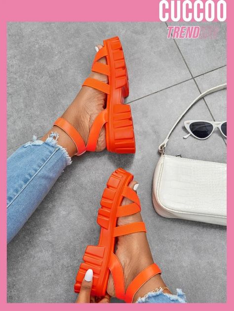 CUCCOO Trending Buckle Decor Ankle Strap Wedge Sandals | SHEIN USA Orange Sandals, Chunky Platform Sandals, White Sandals Heels, Sandals Outfit, Orange Shoes, Aqua Shoes, Ankle Strap Wedges, Strap Wedge, Silver Sandals