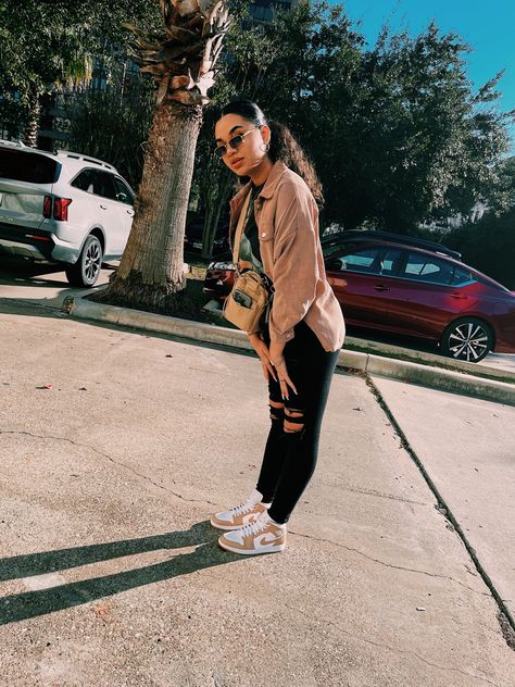 Pink Air Jordan 1 Outfit Women, How To Style Jordan 1 Mid Women, Jordan 1 Praline Outfit, Tan Nike Shoes Outfit, Tan Shoe Outfits Women, Jordan 1 Dress Outfit Women, Tan Gum Jordans Outfit, Beige Jordans Outfit, Mid Air Jordan 1 Outfit Women