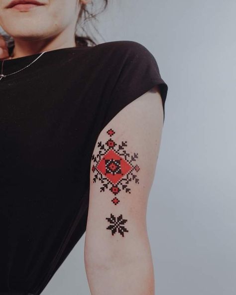 Yugoslavian Tattoo, Tatreez Tattoo, Serbian Tattoo Ideas, Ukrainian Tattoo, Persian Tattoo, Ukrainian Culture, Flag Tattoo, Red Ink, Mini Tattoos