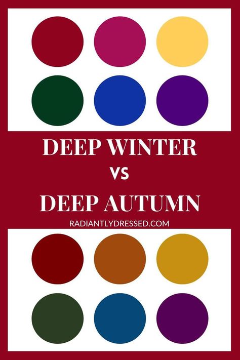 Deep Winter vs. Deep Autumn: Undertones to find your perfect match—cool blues + vivid purples for Dark Winter's icy contrast, or warm, earthy tones for Dark Autumn's rich warmth. The magenta-rust test to distinguish your true season, enhancing natural beauty. Explore contrasts + neutrals, from stark blacks + whites of Winter to Autumn's creamy ivories. Discover your color season + transform your wardrobe w/ our comprehensive guide, blending analysis w/ simple tests for a tailored, vibrant look. Dark Winter Color Palette, Warm Skin Tone Colors, Deep Winter Color Palette, Winter Pallet, Radiantly Dressed, Color Analysis Winter, Autumn Color Palette Fashion, Deep Winter Palette, Colour Season