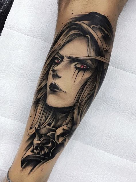 Gustavo Takazone > Sylvanas Windrunner (Warcraft) #tattoo #ink #art #blizzard Sylvanas Windrunner Tattoo, Sylvanas Tattoo, Dota 2 Tattoo, Elven Tattoo, Horde Tattoo, Wow Tattoo, Warcraft Tattoo, Black And Red Tattoo, Dota Tattoo