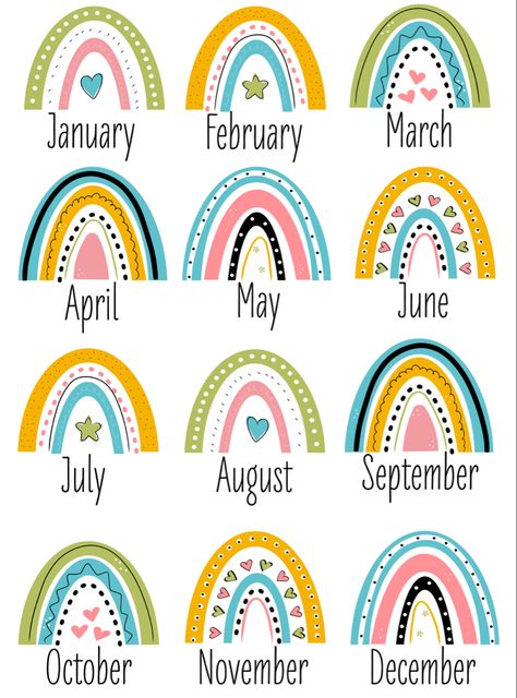 Rainbow theme months of the year Teacher Door Decorations, Free Classroom Printables, Easy Preschool Crafts, Boho Rainbow Classroom, Birthday Banner Template, Classroom Welcome, Class Displays, Classroom Birthday, Free Preschool Printables