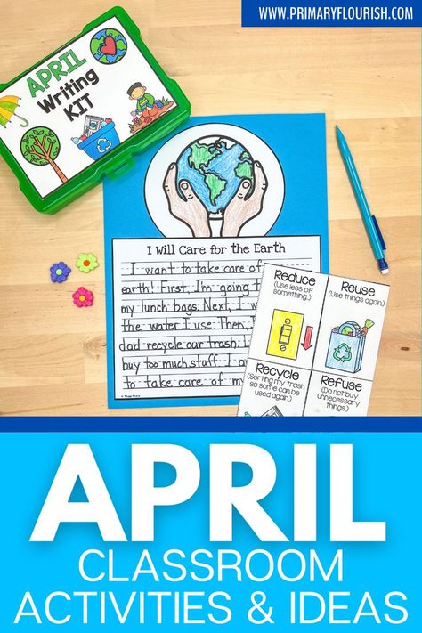 An Earth Day writing activity and April writing kit. April Writing, Student Calendar, Recycling Sorting, 4th Grade Classroom, Calendar Ideas, Primary Classroom, Resource Library, Games And Activities, Elementary Classroom