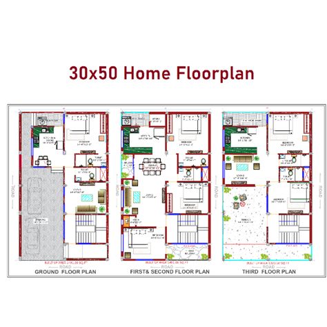 30x50 Home Floorplan Triplex House 30x50 House Plans North Facing, Triplex Floor Plans, Triplex House Plans, Autocad Plan, Triplex House, 30x50 House Plans, Building Science, 30x40 House Plans, Plan Elevation