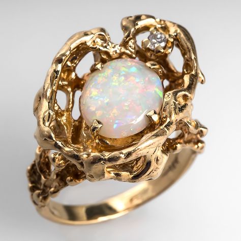 Estate White Opal Diamond Ring Natural Motif 14K Gold Emerald Ring Design, Opal Ring Vintage, Rings Opal, Diamond Ring Vintage, Australian Opal Ring, Opal Diamond Ring, Antique Diamond Rings, Australian Opal, Ring Vintage