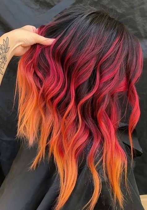 Fire Ombre Hair, Fire Hair Color, Unicorn Hair Dye, Cheveux Oranges, Unicorn Hair Color, Red Ombre Hair, Fire Hair, Inspo Hair, Ombre Hair Extensions