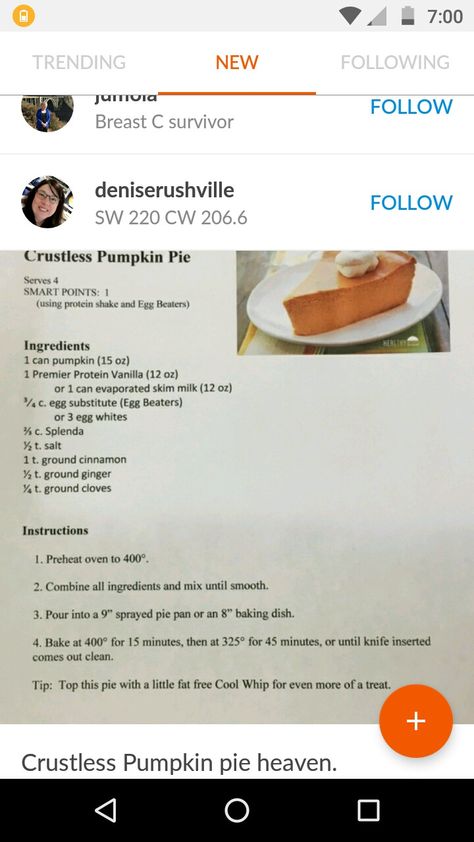 Crustless pumpkin pie Company Recipes, Crustless Pumpkin Pie, Weight Watchers Recipes Desserts, Premier Protein, Ww Desserts, Substitute For Egg, Egg Beaters, Dutch Baby, Skim Milk