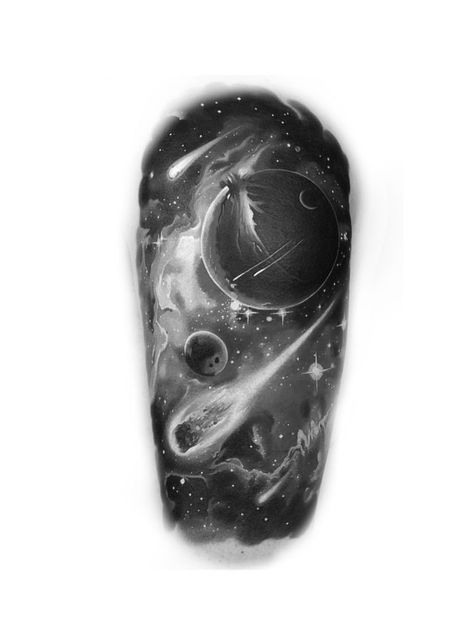 Galaxy Design Tattoo, Space Black And Grey Tattoo, Galaxy Tattoo Black And Grey, Galaxy Tattoo Sleeve Black And White, Universe Tattoo Galaxies Black And White, Space Chest Tattoo, Space Stars Tattoo, Space Background Tattoo, Black And White Space Tattoo