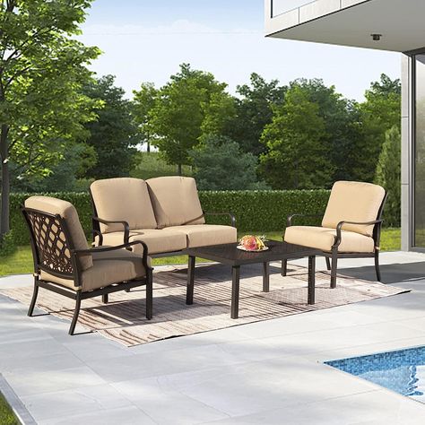 https://amzn.to/3qBznY6 Deep Seated Sofa, Metal Outdoor Furniture, Metal Patio Furniture, Aluminum Patio Furniture, Aluminum Patio, Beige Cushions, Dining Sets Modern, Backyard Deck, Modern Patio