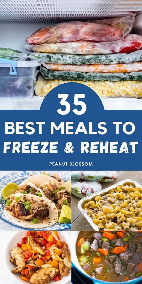 Stock up on these easy dinners for your freezer! These are the best meals to freeze and reheat later on a busy night. They make perfect meal train ideas for a family in need because they can be saved for another night when they'll be truly appreciated. Pre Cooked Frozen Meals, Pioneer Woman Make Ahead Meals, Frozen Meal Train Ideas, Freezer Meals To Reheat In Microwave, Easy Meals To Reheat In Microwave, Freezer Meals For Grandparents, Cook From Frozen Meals, Taste Of Home Freezer Meals, Frozen Ready To Eat Meals