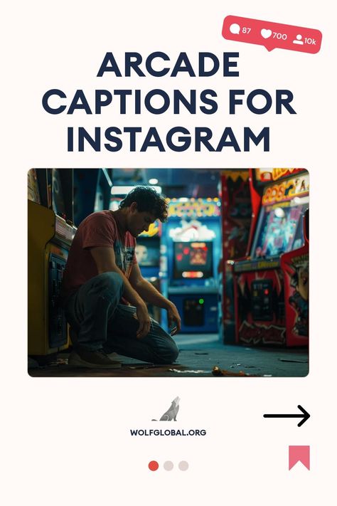 Man squatting in an arcade with overlay text "Arcade Captions for Instagram."
A promotional graphic with video game-themed statements, check marks, and a CTA button.
Promotional image for WolfGlobal.org featuring a happy woman with a laptop, social media icons, and engagement boost offer. Arcade Ig Captions, Arcade Captions, Arcade Instagram Captions, Arcade Captions For Instagram, Game Captions For Instagram, Score Hero, Dance Dance Revolution, Pinball Wizard, Cute Captions