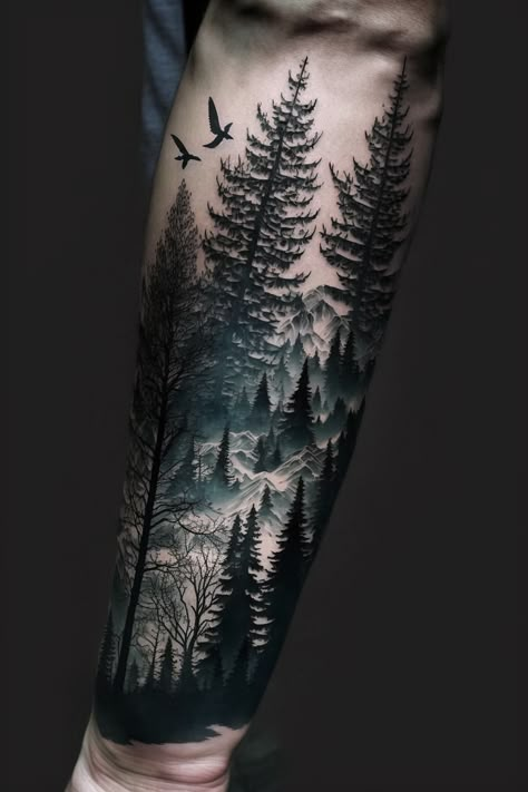 Dog Forest Tattoo, Mysterious Tattoo Ideas For Men, Forrest Tattoo Forearm Men, Haunted Forest Tattoo, Men’s Nature Tattoo, Wood Tattoo Design, Fantasy Forest Tattoo, Bottom Sleeve Tattoo, Wood Tattoo Ideas