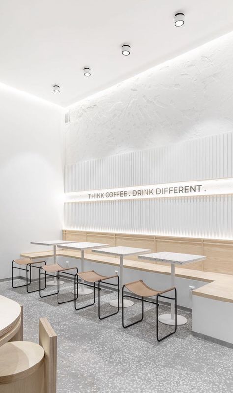 All White Restaurant, Contemporary Cafe Interior Design, Minimalist Cafe Interior Design, White Restaurant Interior Design, Coffee Shop Painting Ideas, Minimal Cafe Design, Minimalist Cafe, Minimal Cafe, Coffee Shop Concept