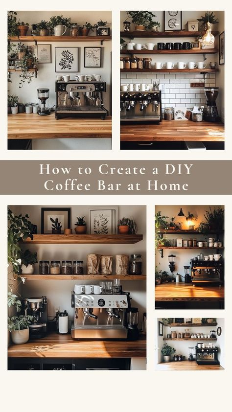 Bring your favorite cafe experience to your home by creating a DIY coffee bar! With a few simple additions, like shelves for mugs and a stylish coffee machine, you can design the perfect space for your morning brew. Add personal touches like framed art, plants, and storage for an organized and cozy vibe. ☕️🛠 #DIYCoffeeBar #HomeCafe #CoffeeLovers #CozyHome How To Set Up A Coffee Bar At Home, At Home Coffee Bar Ideas, Coffee/wine Bar Ideas, Coffee Bar At Home, Coffee Mug Storage, Homey Touches, Bar At Home, Diy Coffee Station, Coffee/wine Bar