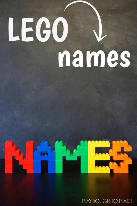 Awesome name activity for LEGO fans. Build a LEGO name!! Playdough To Plato, Lego Challenge, Diy Lego, Lego Club, Lego Activities, Name Activities, Lego Birthday Party, Lego Craft, Lego Room