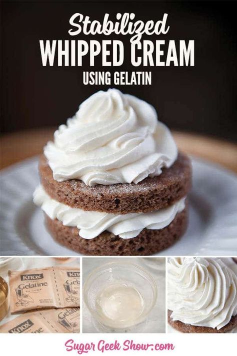 Tired of your whipped cream separating and getting melty? You can stabilized it so that it lasts for DAYS longer in the fridge! This whipped cream even holds its shape in warm weather! Stabilized Whip Cream With Gelatin, Gelatin Whipped Cream, Stabilized Whipped Cream Frosting With Gelatin, Stabilised Whipped Cream, Stabilized Whipped Cream With Gelatin, Stabilized Whipped Cream Without Gelatin, Gelatin Frosting, Whipped Cream With Gelatin, Stablized Whipped Cream