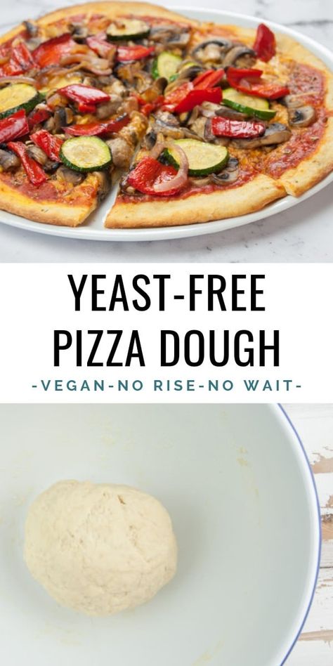 Yeast-Free Vegan Pizza Dough - No yeast = no wait time = spontaneous pizza! | ElephantasticVegan.com #pizza #crust #vegan #yeastfree #noyeast Dairy Free Pizza Crust, Vegan Pizza Dough Recipe, Pizza Dough Recipes, Yeast Free Recipes, Vegan Pizza Dough, No Yeast Pizza Dough, Gluten Free Pizza Dough, Pizza Lasagna, Dairy Free Pizza