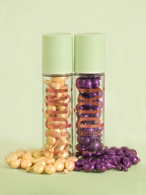 Photo of NEW Vitamin-C and Retinol CapsuleCare with capsules surrounding the base of both bottles. Photo taken with product in front of Pixi Green background. Pixi Skintreats, High Pigment Eyeshadow, Glow Tonic, Pixi Beauty, Skin Care Quiz, Pigment Eyeshadow, Best Skincare Products, Oil Moisturizer, Skin Care Serum