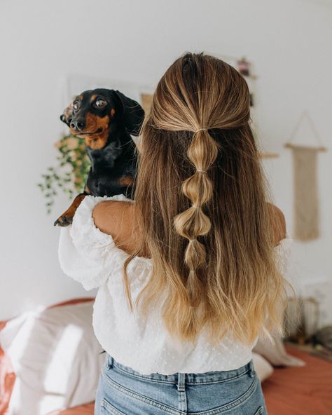 Hair inspiration: learn how to do a bubble braid half up halp down. Bridesmaid Hair Bubble Braid, Half Up Half Down Bubble Braids, Fun Half Up Half Down Hairstyles, Bubble Braid Half Up Half Down, Hair Styles For Church, Rodeo Hairstyles, Half Up Half Down Braided Hairstyles, Heartless Hairstyles, Bubble Hairstyles