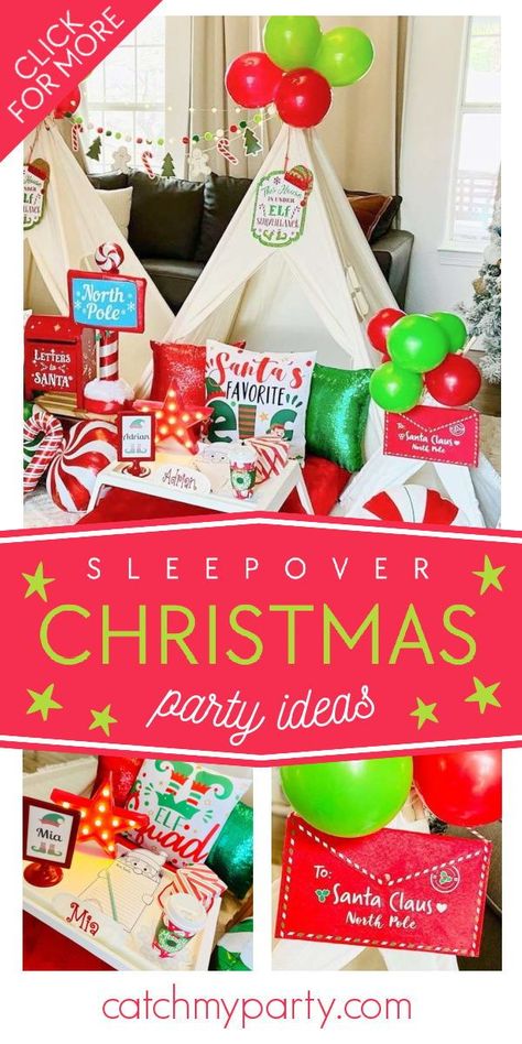 Check out this fun Elf on the Shelf sleepover! The party decorations are so cute! See more party ideas and share yours at CatchMyParty.com Christmas Eve Sleepover Ideas, Sleepover Ideas Decorations, Christmas Themed Sleepover Ideas, Kids Christmas Sleepover Ideas, Elf Sleepover Ideas, Christmas Slumber Party Ideas For Kids, Christmas Sleepover Ideas For Kids, Elf On The Shelf Sleepover, Elf Sleepover