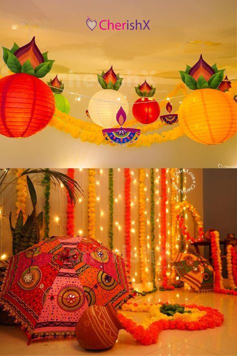 Navratri Theme Decorations Navratri Decor, Circus Birthday Party Decorations, Traditional Rangoli Design, Time Goddess, Traditional Rangoli, Thali Decoration Ideas, Diy Diwali Decorations, Canvas Art Quotes, Circus Birthday Party