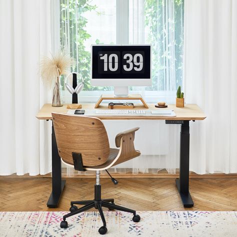 Standing Desk - Solid Wood Sitting to Standing Desk | Oakywood Desk Plywood, Wooden Standing Desk, Desk Retro, Retro Home Office, Electric Desk, Height Adjustable Desk, Desk Wood, Floating Desk, Adjustable Height Standing Desk